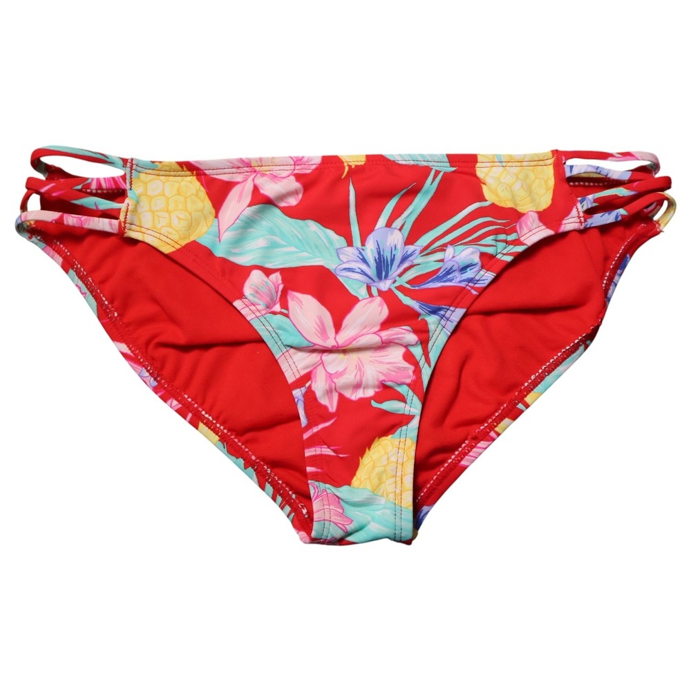 California Waves Bikini Bottom L Red Pineapple Tropical Strappy Side Hipster Fun